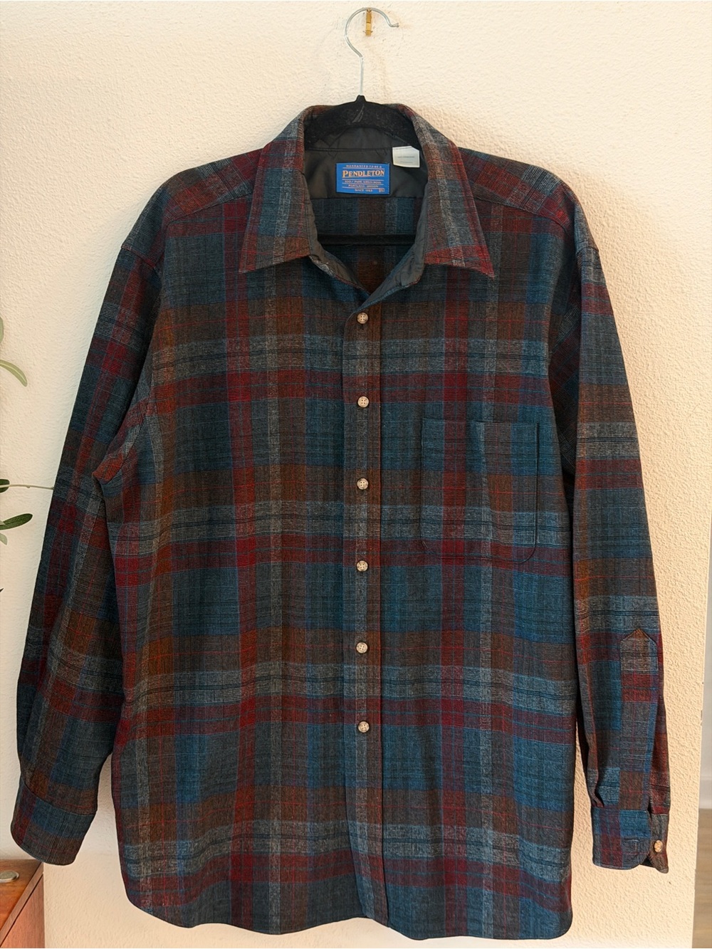 Vintage Pendleton Blue & Brown Plaid  100% Wool Button-Up Shirt | L |